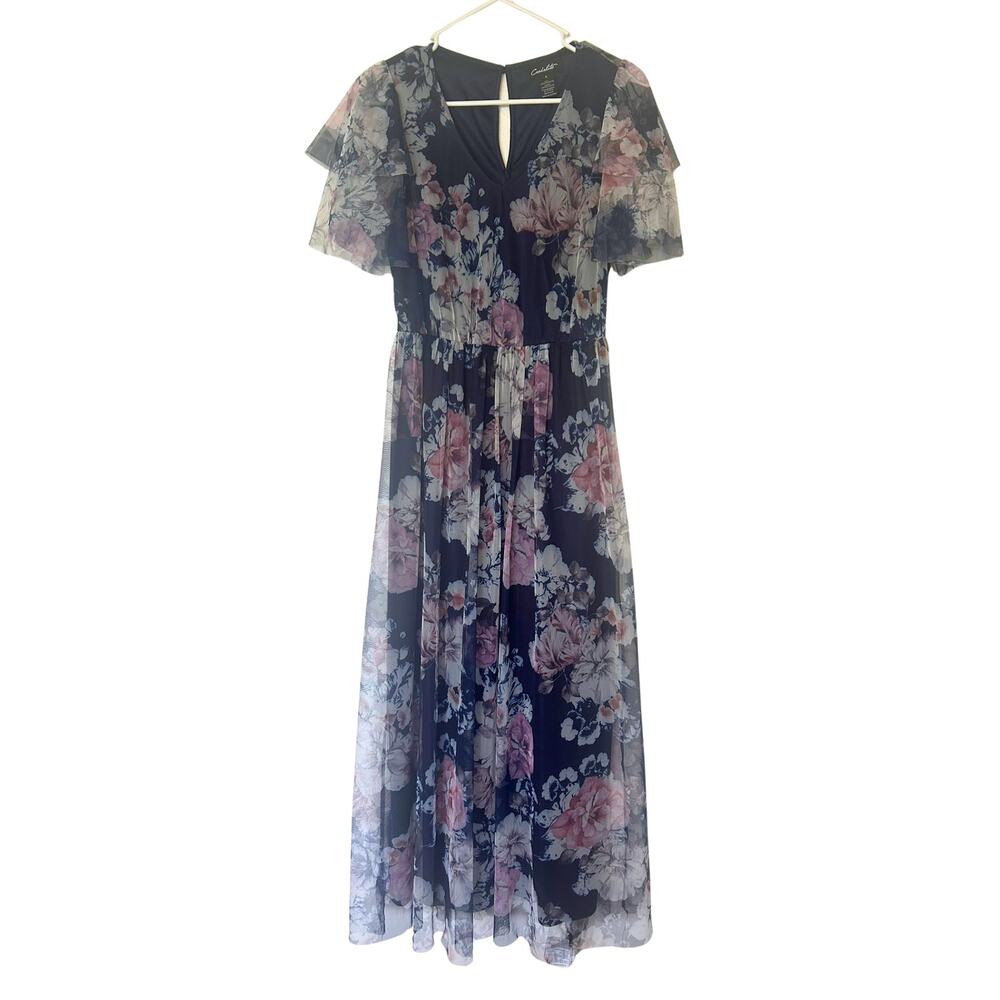 Candalite S Floral Mesh Maxi Dress Sheer Double Layer Flutter Sleeve Whimsygoth